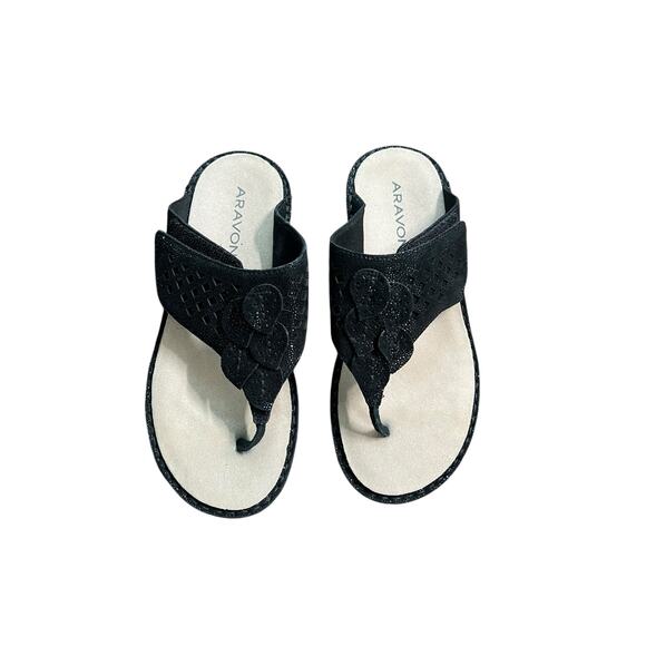 Aravon Cambridge Women'sAdjustable Sandal Black Suede Some Shimmer Thong Size 6 - Picture 2 of 12
